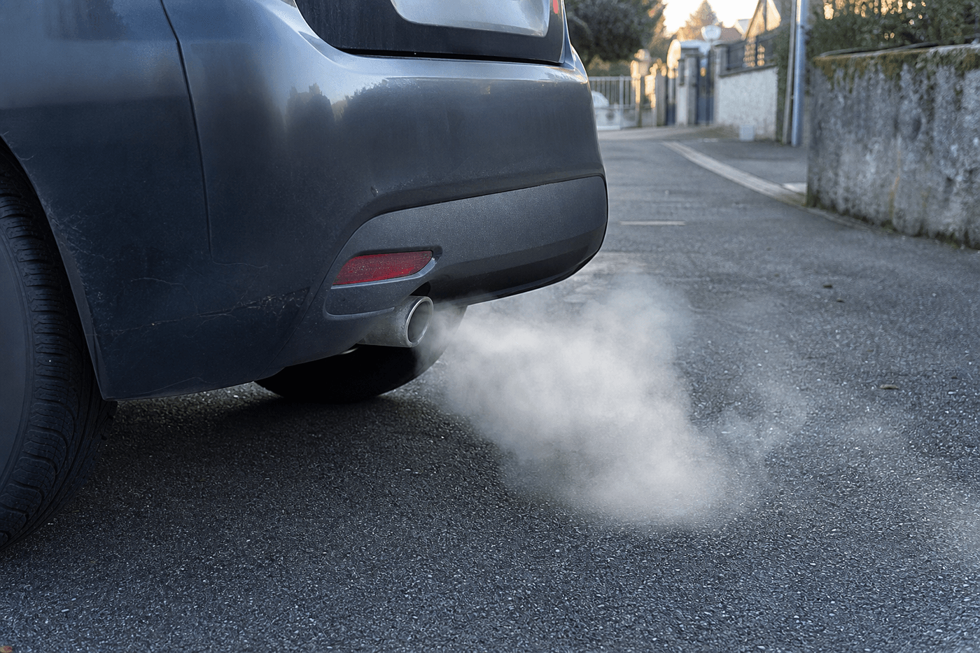 Fumée blanche sortant du pot d'échappement d'une voiture garée dans une rue résidentielle un matin froid