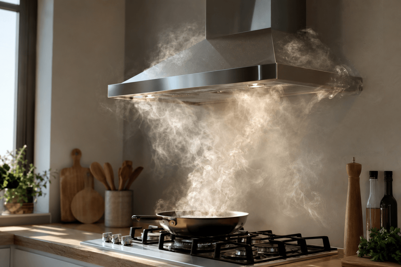 Hotte aspirante en inox au-dessus d'une plaque de cuisson, fumée de cuisson qui s'échappe sur les côtés