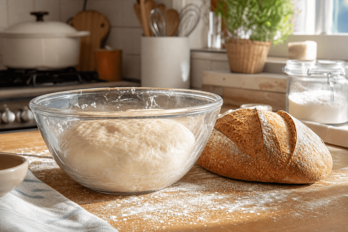 Pâte à pain levée dans un saladier en verre à côté d'une miche de pain doré sur un plan de travail fariné